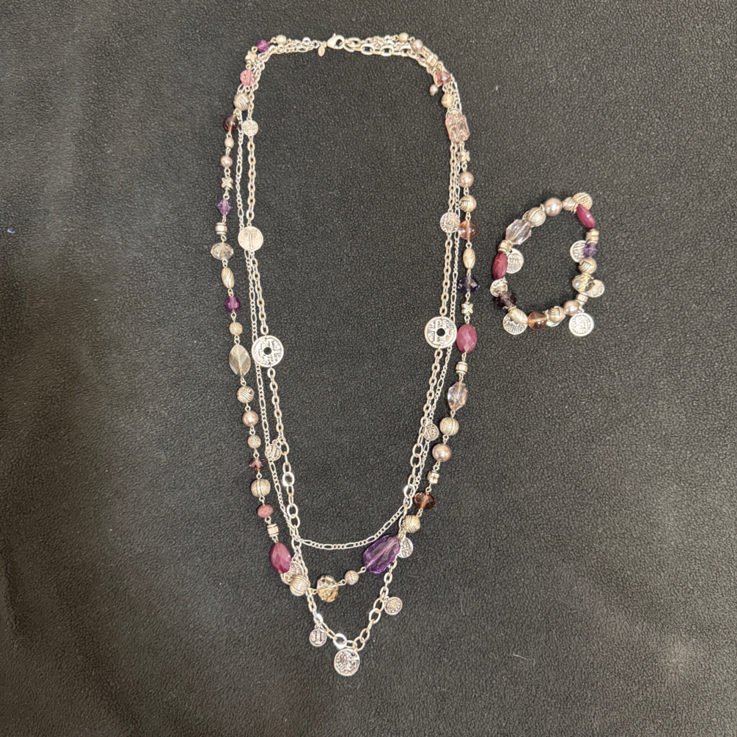 Premier Designs Necklace Bracelet Set Womens Multi Strand Layered Chain Coin